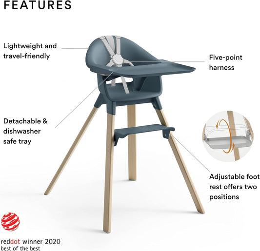 Clikk High Chair, Fjord Blue - All-In-One High Chair with Tray + Harness - Light, Durable & Travel Friendly - Ergonomic with Adjustable Features - Best for 6-36 Months or up to 33 Lbs
