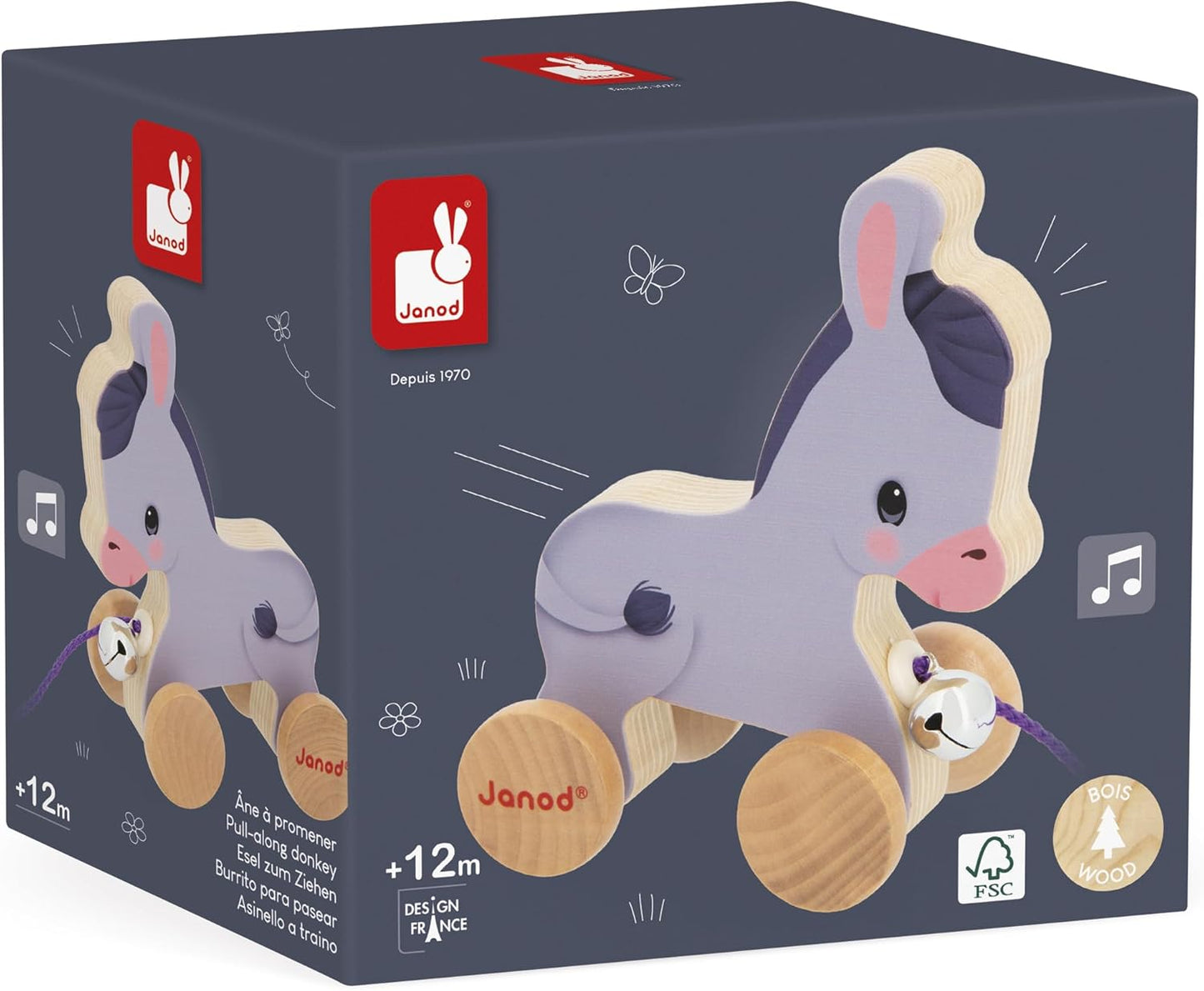 Wooden Donkey with Bell Learning Toy for Pulling and Pushing Motor Skills and Imagination 50 Cm Cord for Small Hands Fsc-Certified from 12 Months J03323