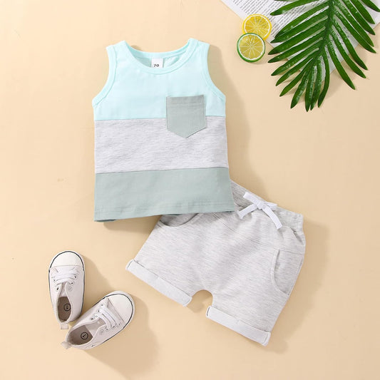 Toddler Baby Boys Summer Outfit Cute Colorblock round Neck Tees Top + Shorts 2Pcs Summer Clothes