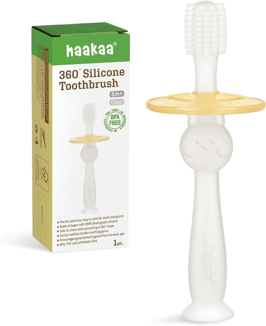 360° Baby Toothbrush with Suction Base - Gentle Cleaning for Infant Self-Brushing Training, Food-Grade Silicone, Adjustable Safety Shield - Translucent (1 Piece)