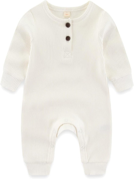 Newborn Baby Boys Girls One Piece Romper with Mitten Cuffs Solid Long Sleeve Ribbed Button Jumpsuit Outfit Clothes