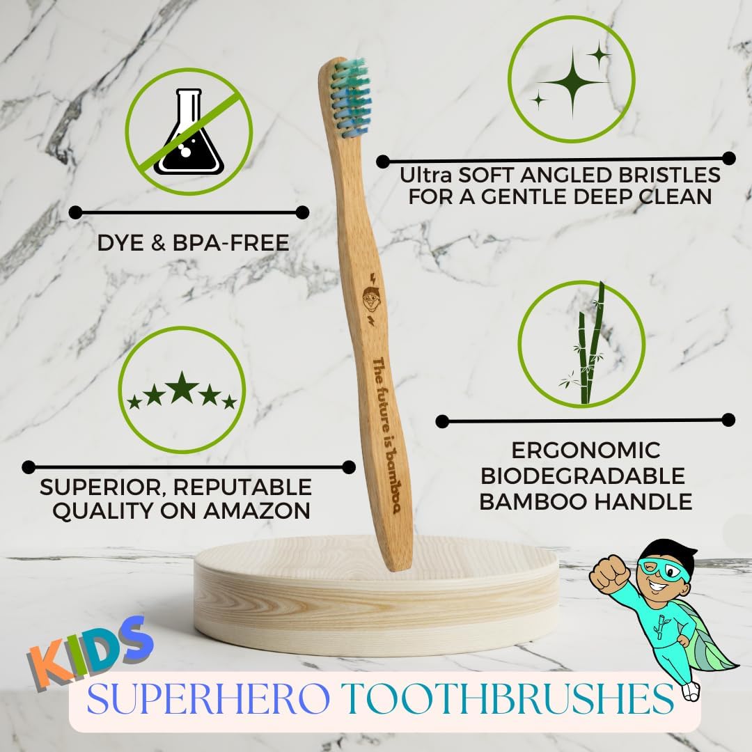 Superhero Bamboo Toothbrush Pack for Kids, Kids Toothbrush for Clean Teeth, Sustainable Products for Good Oral Hygiene, Health Canada Compliant, Pack of 4 Natural Toothbrushes for Kids -