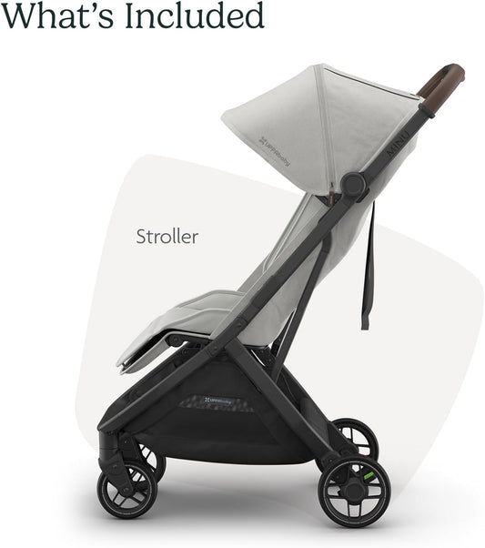 Minu V3 Travel Stroller | Lightweight + Compact Design | One-Hand Fold + Unfold | from Birth + Overhead Compatible | Savannah (Pearl Gray Mélange/Carbon Frame/Chestnut Leather)