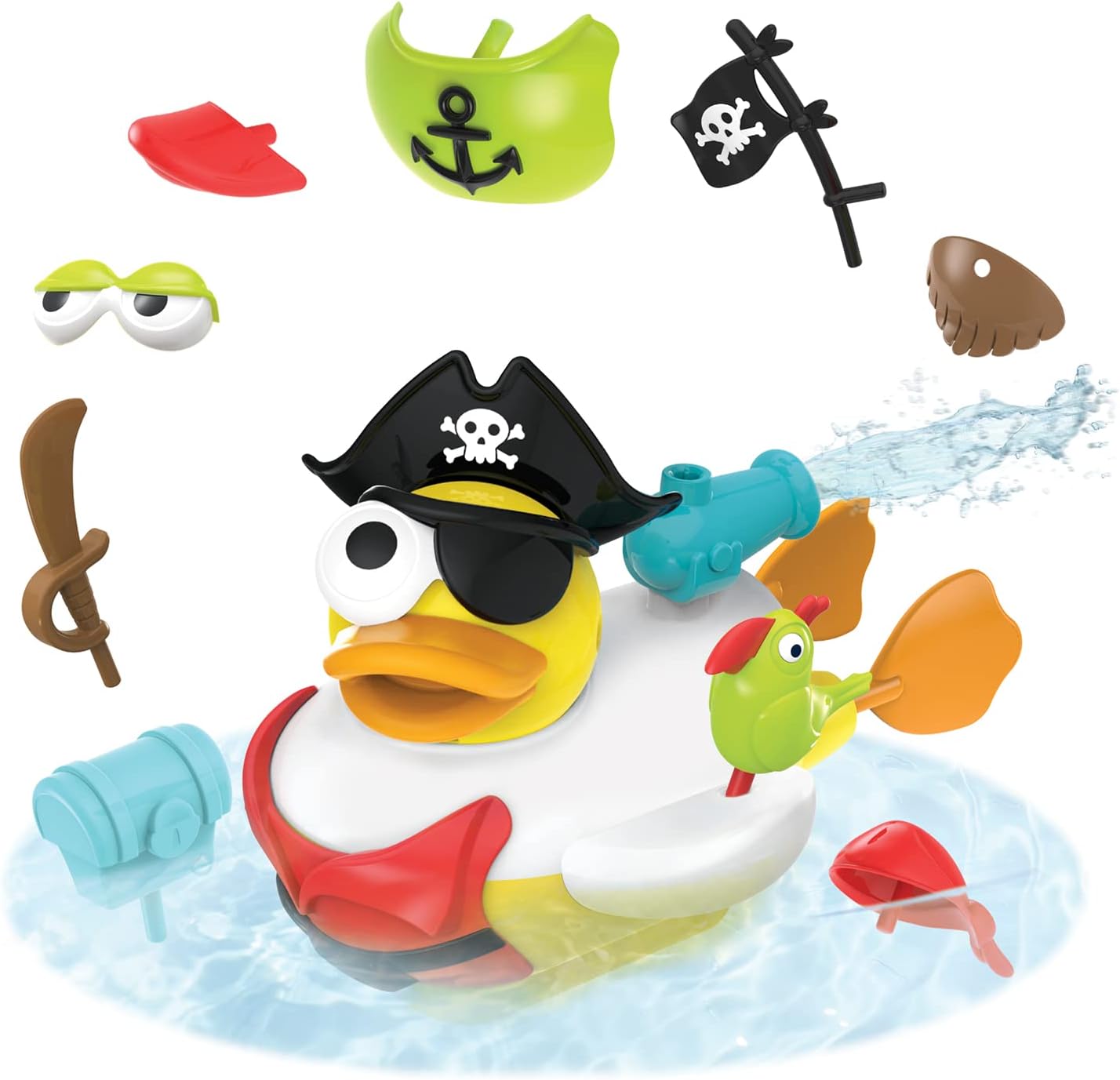 Jet Duck Pirate Bath Toy with Powered Water Hydrant Shooter - Sensory Development & Bath Time Fun for Kids - Battery Operated Bath Toy with 15 Pieces - Ages 2+