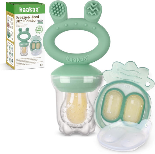 Baby Fruit Food Feeder & Mini Freezer Nibble Tray Combo, Breastmilk Popsicle Molds for Baby Cooling Relief, BPA Free Silicone Feeder for Safe Infant Self Feeding, 4 Month+ (Pea Green)