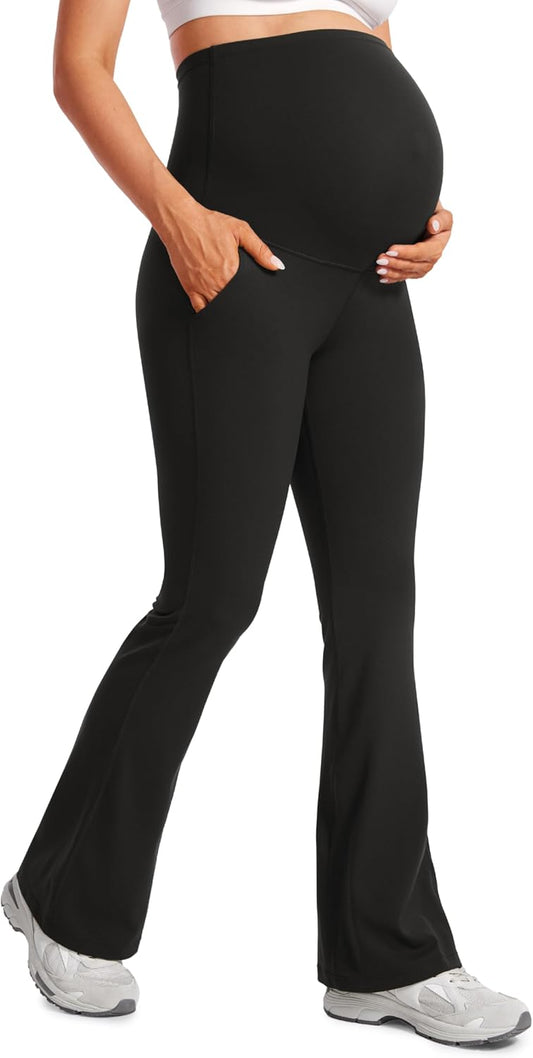 Women Butterluxe Maternity Flare Leggings with Pockets 31" - Workout Active Yoga Pregnancy Pants over the Belly Soft