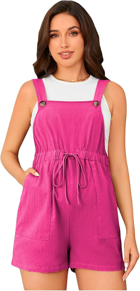 Women'S Maternity Button Sleeveless Drawstring High Waist Short Overall Casual Romper with Pocket