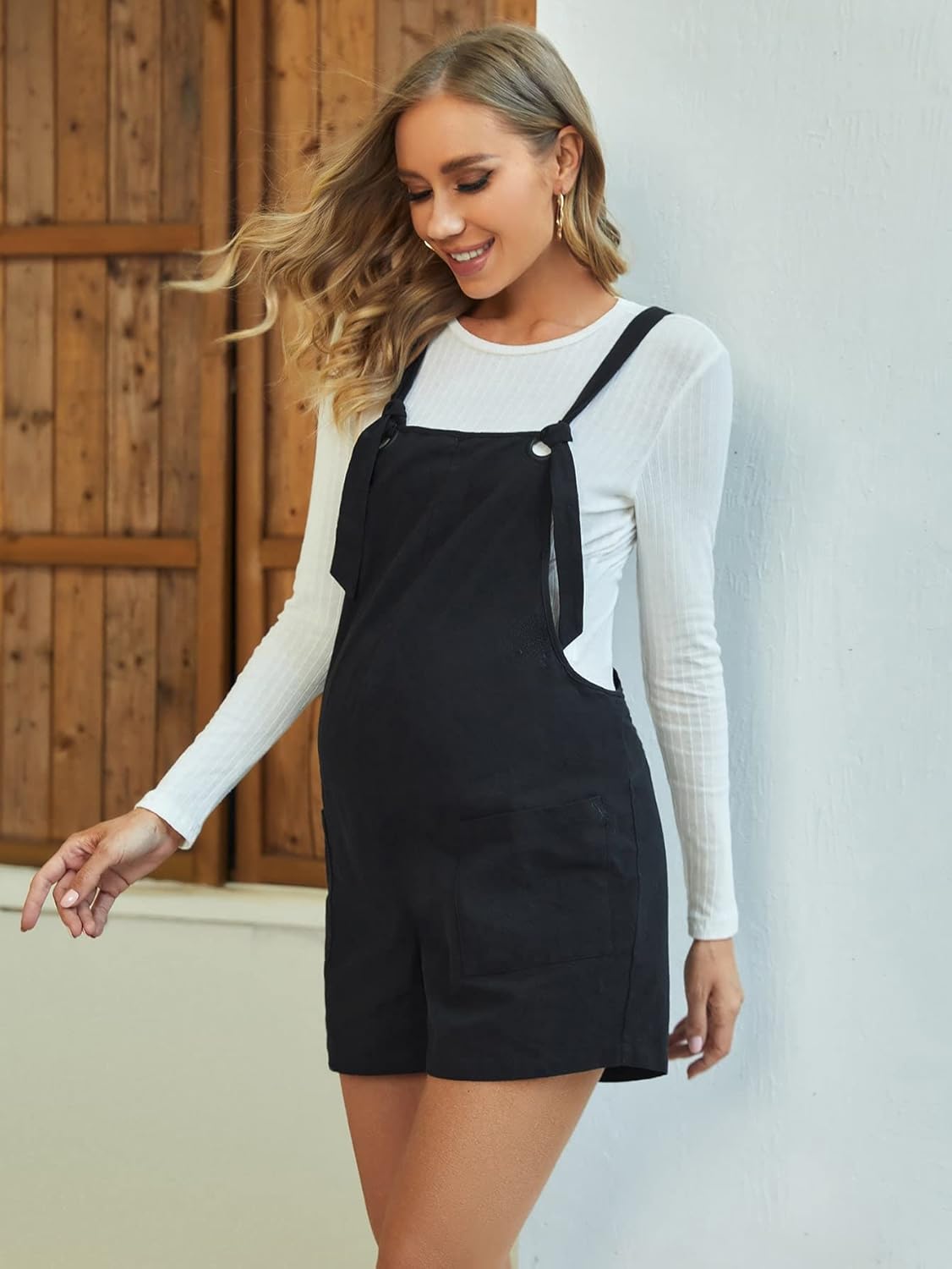 Women'S Maternity Overall Shorts Tie Knot Strap Short Romper Jumpsuit with Two Pockets