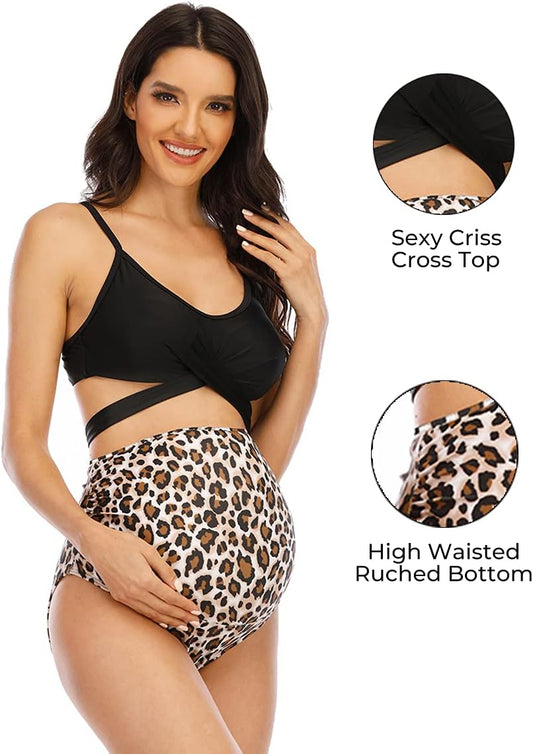 Women Criss Cross Maternity Bikini High Waist String Floral Two Piece Pregnancy Swimwear