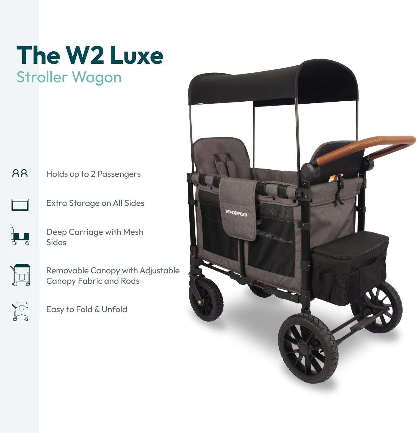 W2 Luxe Double Stroller Wagon Featuring 2 High Face-To-Face Seats with Magnetic Buckle 5-Point Harnesses and Adjustable/Removable Uv-Protection Canopy, Charcoal Gray