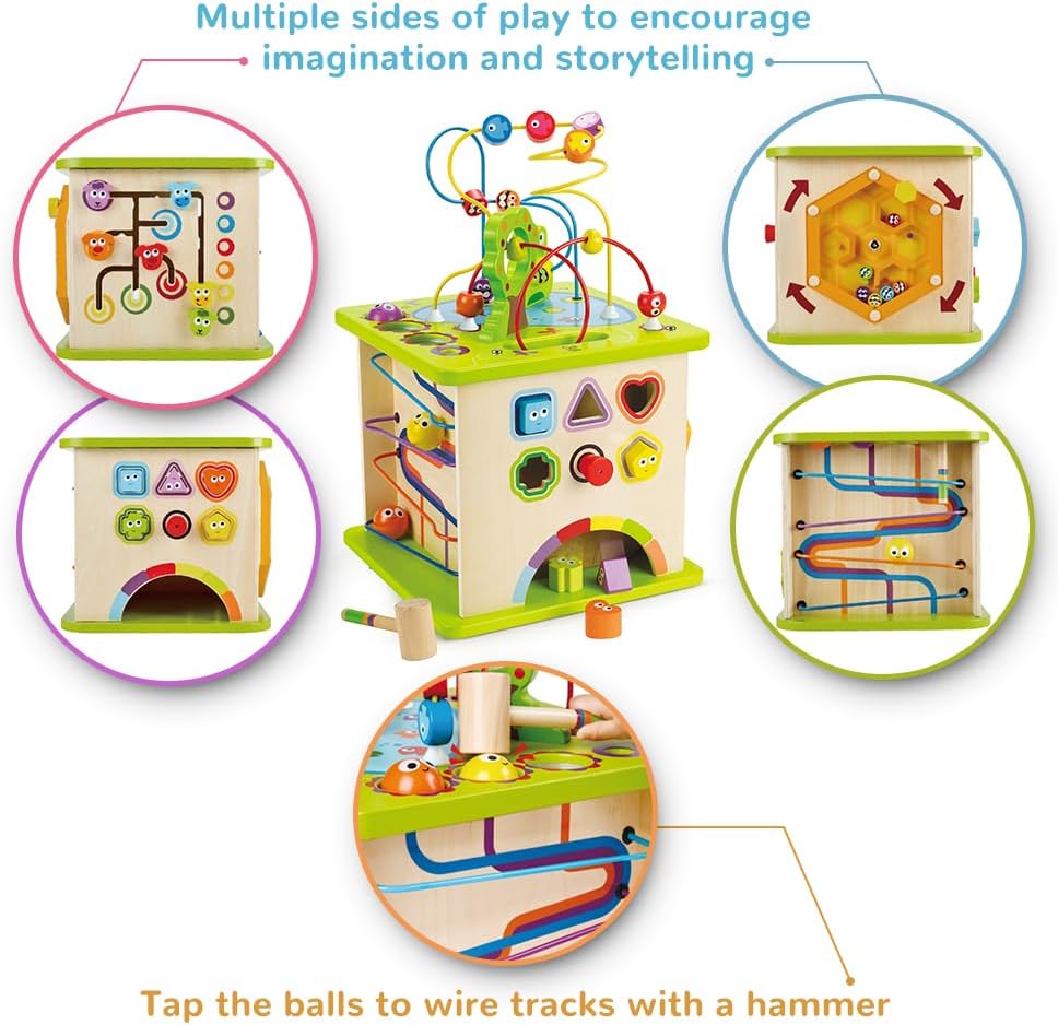 Country Critters Wooden Activity Play Cube by  International International International | Wooden Learning Puzzle Toy for Toddlers, 5-Sided Activity Center with Animal Friends, Ss, Mazes, Wooden Balls, S Sorter Blocks and More