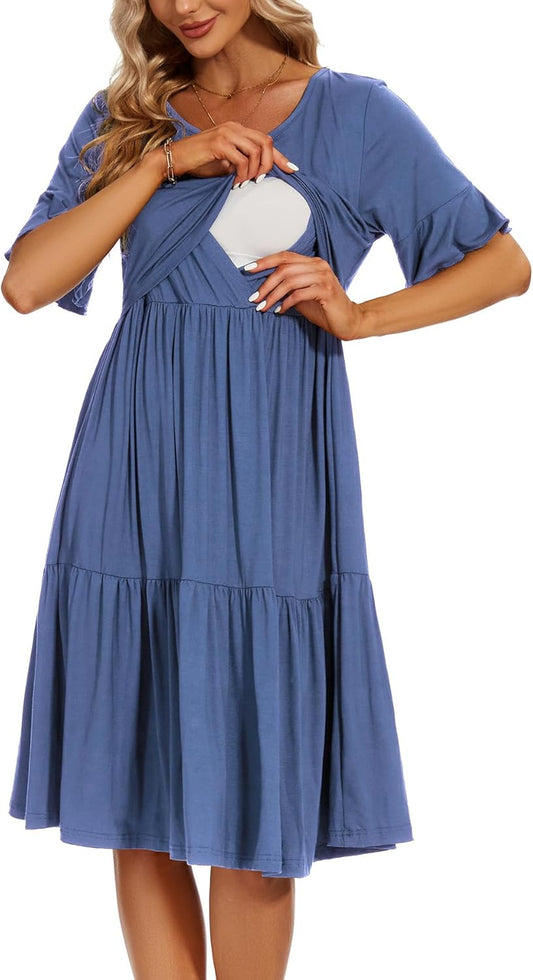 Women'S Nursing Dress Short Sleeve Maternity Breastfeeding Clothes