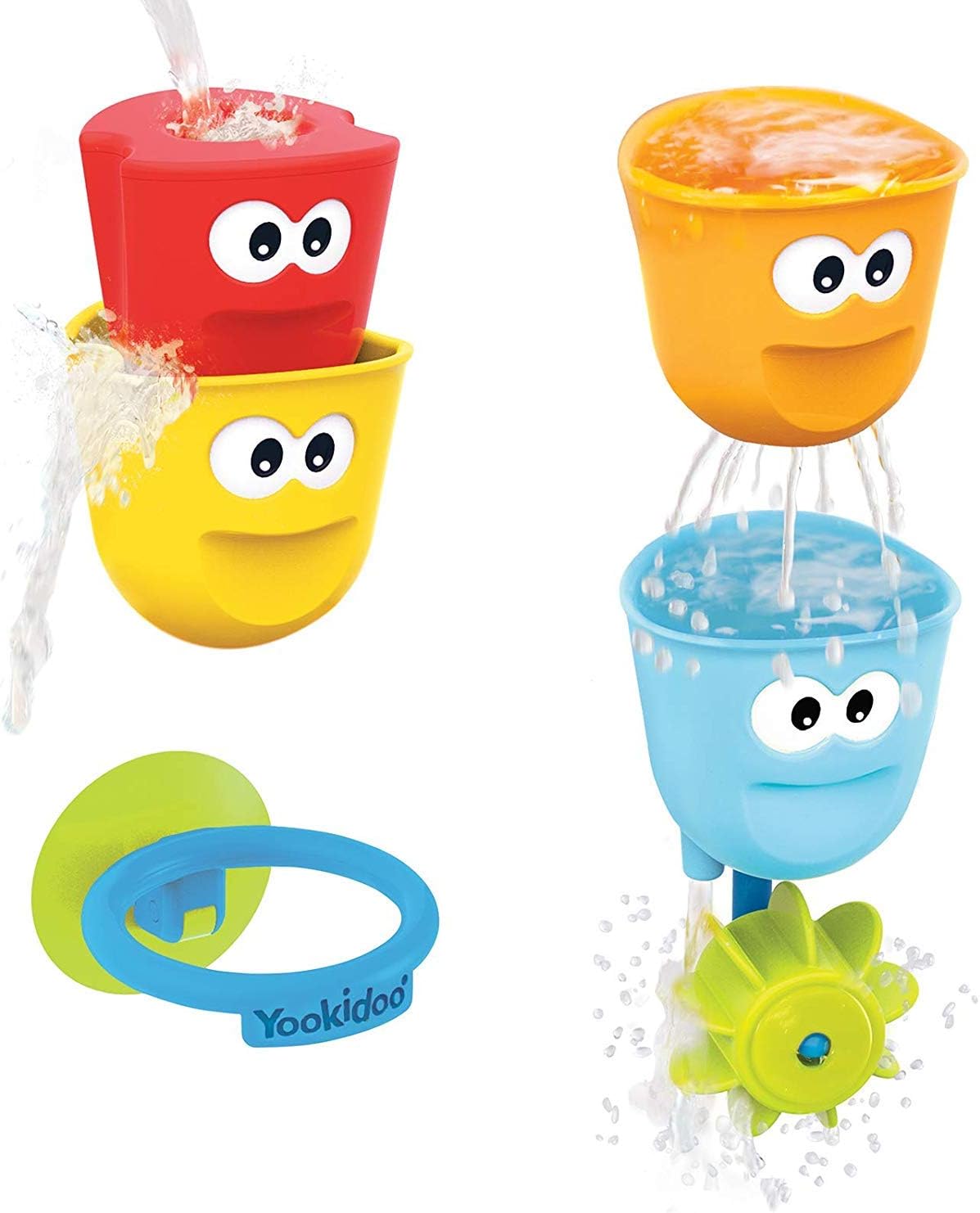 Baby Bath Toys - Fill 'N' Spill Set of Four Stackable Cups with Suction Cup Ring Holder and Water Wheel- Sensory Toy for Bath Time - Attaches to Any Bath Tub