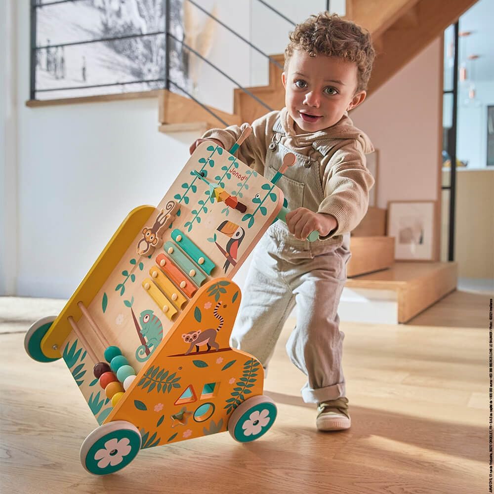 - Tropik - Multi-Activity Trolley - Walker with Blocks - Wooden Pull-Along Cart - Early-Learning - from 18 Months - Multilingual - 382698.