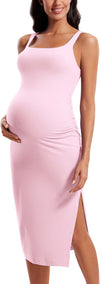 Women Butterluxe Sleeveless Tank Maternity Dress Split Ruched Pregnancy Square Neck Bodycon Casual Baby Shower