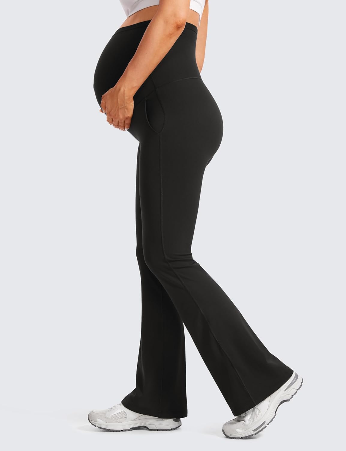 Women Butterluxe Maternity Flare Leggings with Pockets 31" - Workout Active Yoga Pregnancy Pants over the Belly Soft