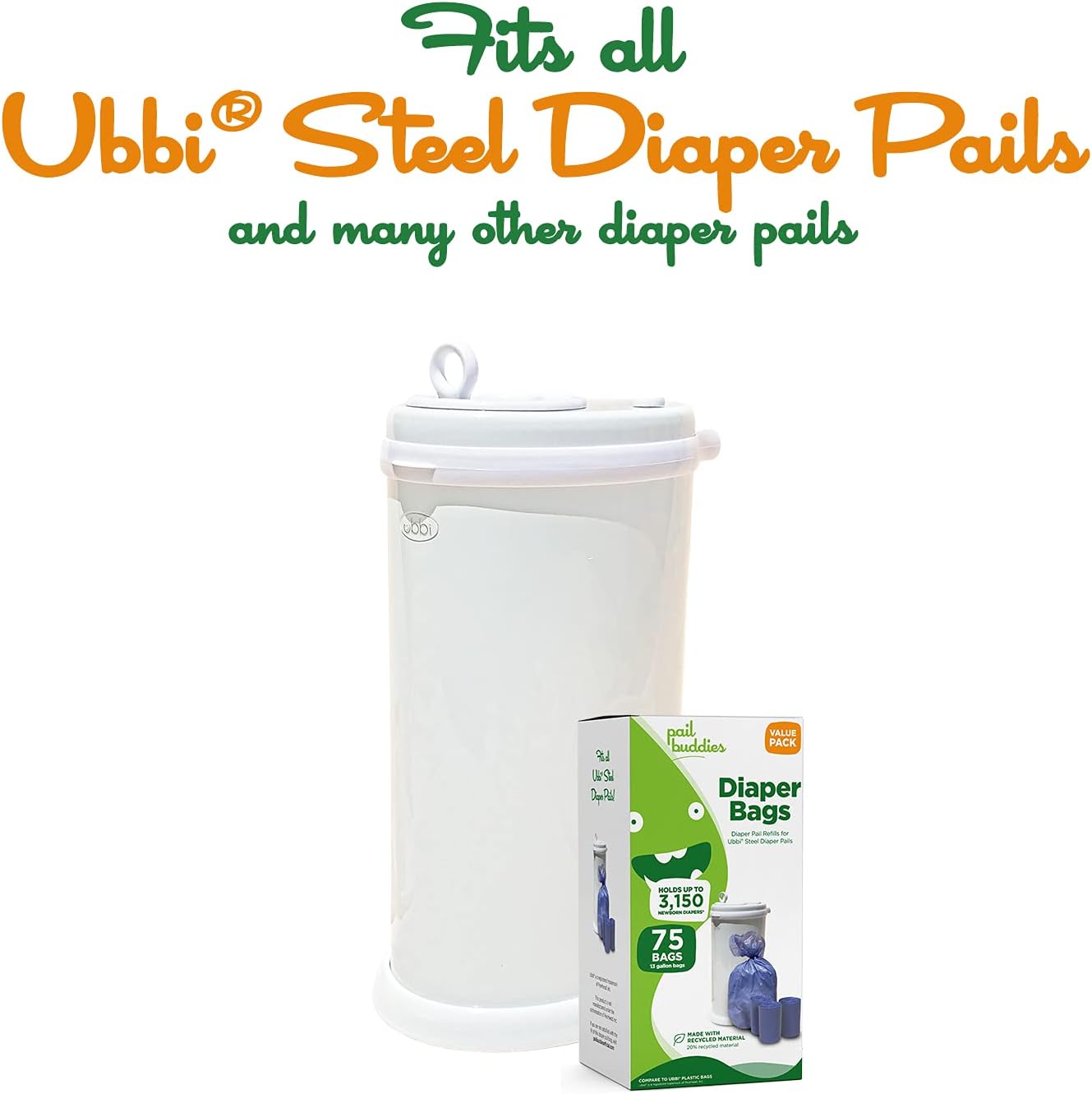 Disposable Diaper Pail Refills Compatible with Ubbi Diaper Pail | Diaper Pail Refill Bags Made with Recycled Material | Fresh Powder Scent for Odor Control | Disposable Diaper Trash Bags (75 Count)
