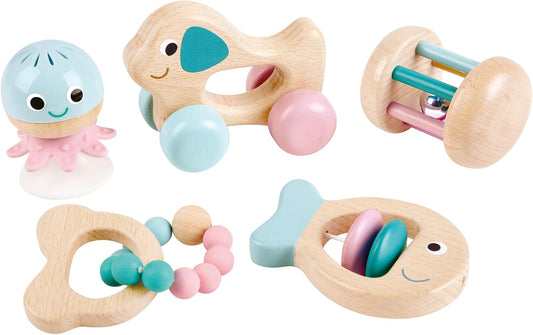 Wooden Multi-Stage Sensory 5 Pcs Gift Set| Stay Put Rattle, Rolling Rattles and Teether| Montessori Toys for Newborns, Crawling Babies and Walking Toddlers