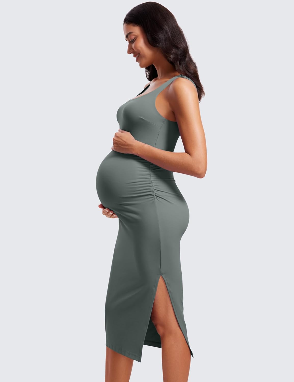Women Butterluxe Sleeveless Tank Maternity Dress Split Ruched Pregnancy Square Neck Bodycon Casual Baby Shower