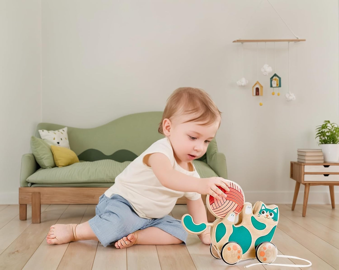 Wooden Walk-A-Long Kitten Pull Toy| Roll & Rattle Push Pull Toy for Toddler| Montessori Toys for Walking Toddlers, Green