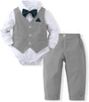 Baby Boy Clothes Toddler Boy Outfits, 4PC Gentleman Dress Romper + Vest + Pants + Bow Tie Cotton Suit Set