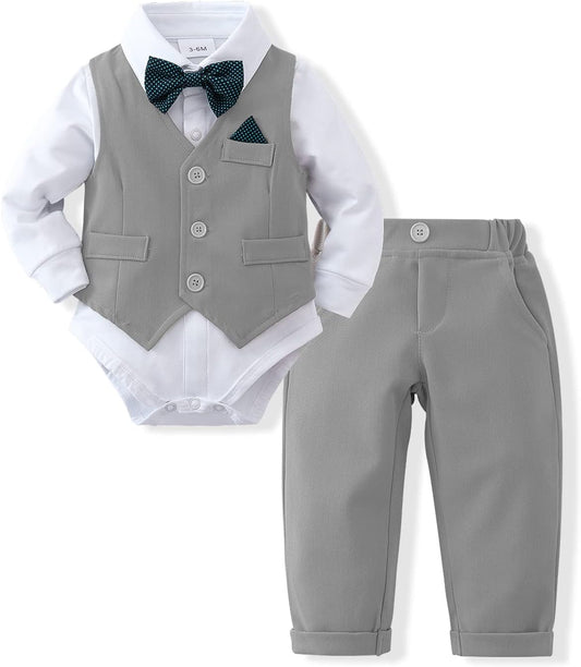 Baby Boy Clothes Toddler Boy Outfits, 4PC Gentleman Dress Romper + Vest + Pants + Bow Tie Cotton Suit Set