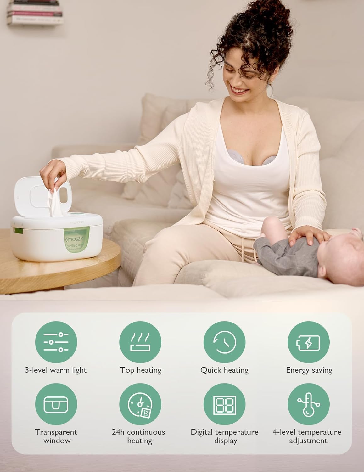 Baby Wipe Warmer, Innovative Spring Design, Large Capacity Wipes Dispenser, Fast and Even Heating, 4 Modes of Temperature Heating Control, Diaper Wipe Warmer with Night Light