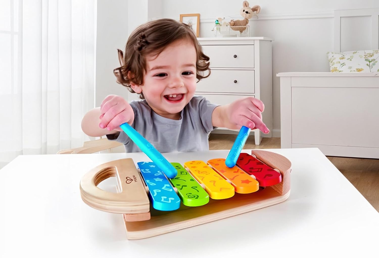 Rainbow Xylophone| Wooden Rainbow-Colored Xylophone with Non-Slip Sticks & Musical Note Motif, Musical Toy for Kids 12Months & Up, Multicolor (E0606)
