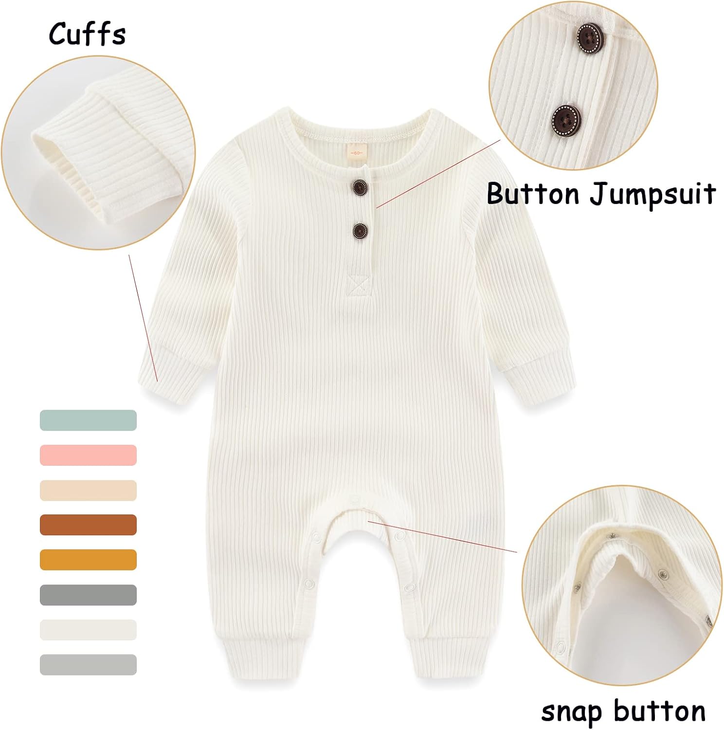 Newborn Baby Boys Girls One Piece Romper with Mitten Cuffs Solid Long Sleeve Ribbed Button Jumpsuit Outfit Clothes