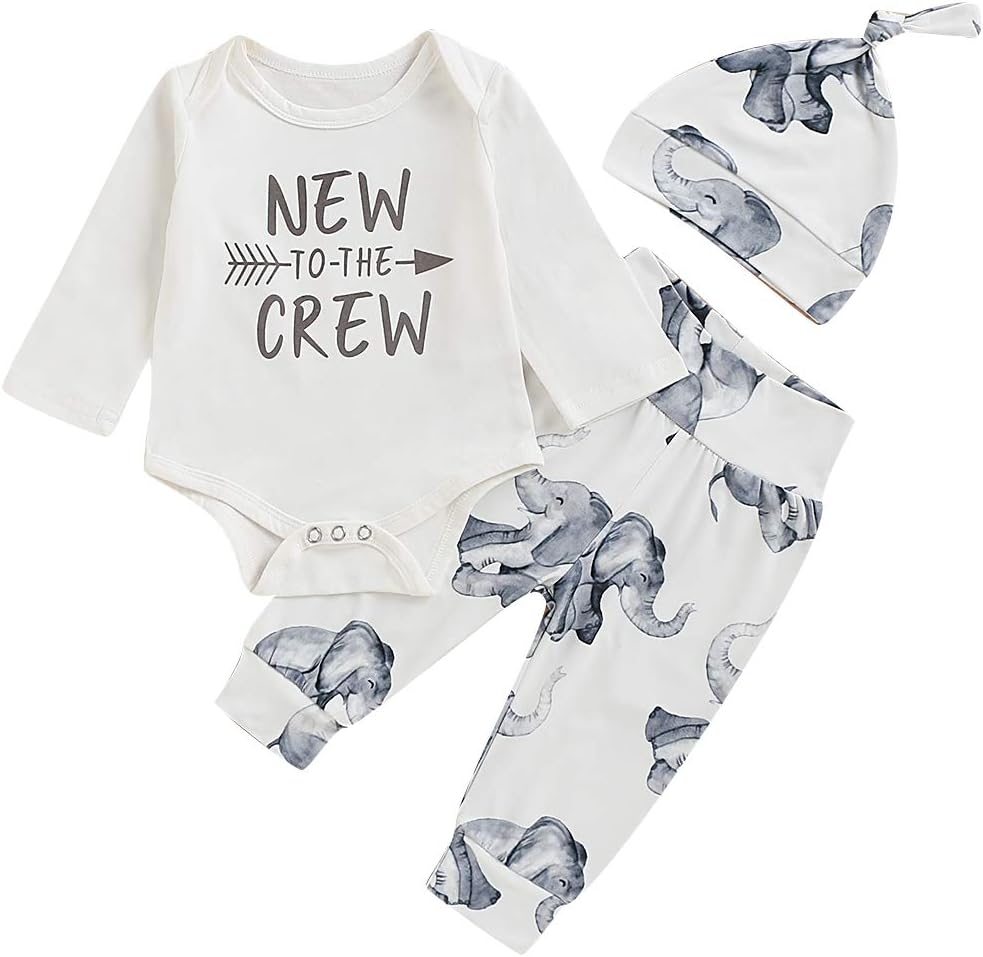 Newborn Baby Boys Girls Clothes New to the Crew Romper Bodysuit+Elephant Trousers+Hat 3Pcs Outfits Set