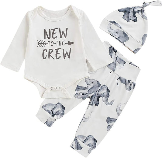 Newborn Baby Boys Girls Clothes New to the Crew Romper Bodysuit+Elephant Trousers+Hat 3Pcs Outfits Set