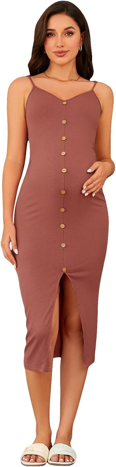 Women'S Maternity Cami Dress Split Hem Rib Knit Buttoned Sleeveless Long Bodycon Slip Dresses