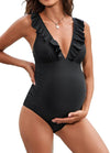 Women Swimsuit Maternity One Piece Bathing Suit Deep V Neck Ruffle Back Tie Ruching Adjustable Straps Swimwear