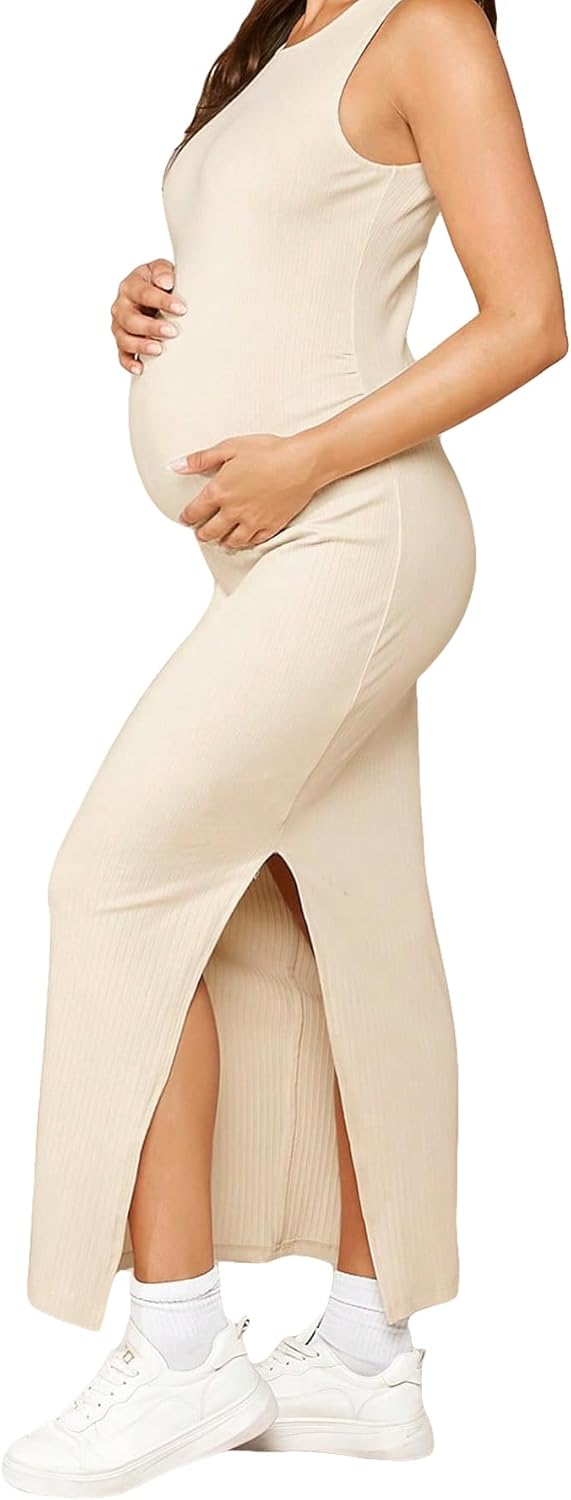 Women'S Maternity Sleeveless Crew Neck Split Thigh Ribbed Knit Maxi Tank Dress