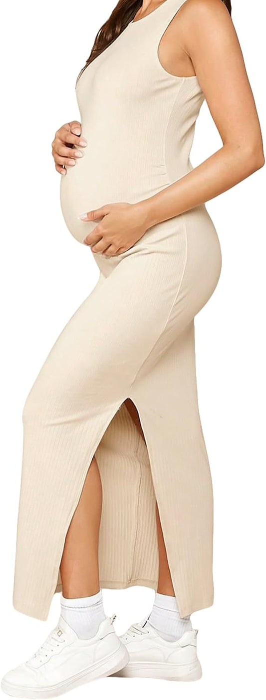 Women'S Maternity Sleeveless Crew Neck Split Thigh Ribbed Knit Maxi Tank Dress