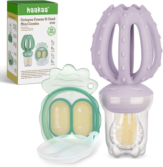 Octopus Baby Fruit Food Feeder & Mini Freezer Nibble Tray Combo, Breastmilk Popsicle Molds for Cooling Relief, BPA Free Silicone Feeder for Safe Infant Self Feeding, 4 Month+ (Lavender)