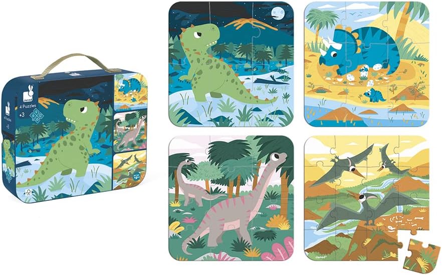• 4 Progressive Difficulty Dinosaurs Jigsaw Puzzle • 6, 9, 12, 16 Pieces • 20 X 20 Cm Cardboard Puzzle • Educational Toys Gift for Kids Boys and Girls 2-4 Years • J02657