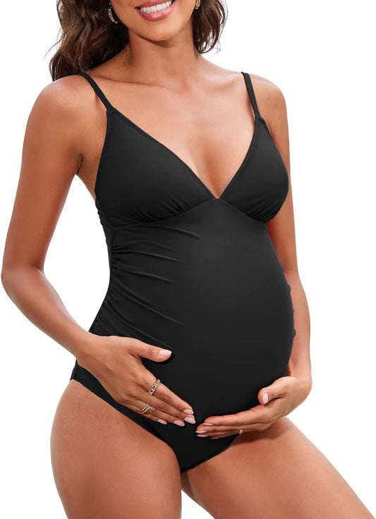Maternity Swimsuit for Women One Piece Swimsuits Pregnancy Swimwear Spaghetti Straps Ruched Adjustable