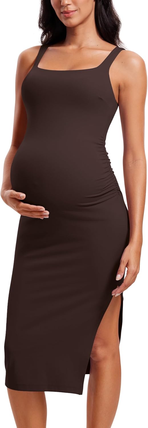 Women Butterluxe Sleeveless Tank Maternity Dress Split Ruched Pregnancy Square Neck Bodycon Casual Baby Shower