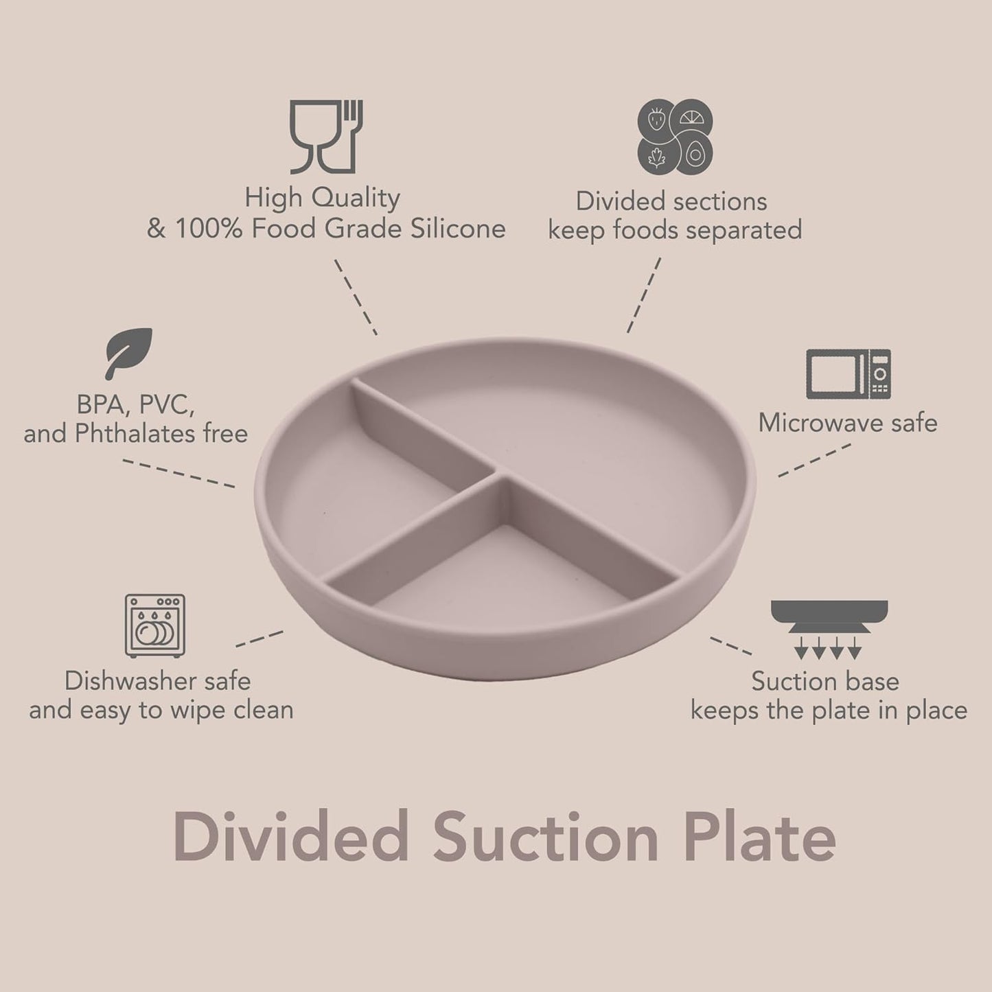 Nouka Divided Suction Plate | 100% Food-Grade Silicone | Comes with a Lip Edge & Suction Base | Non-Slip & Soft | Dishwasher Friendly | Bloom | Size 500Ml