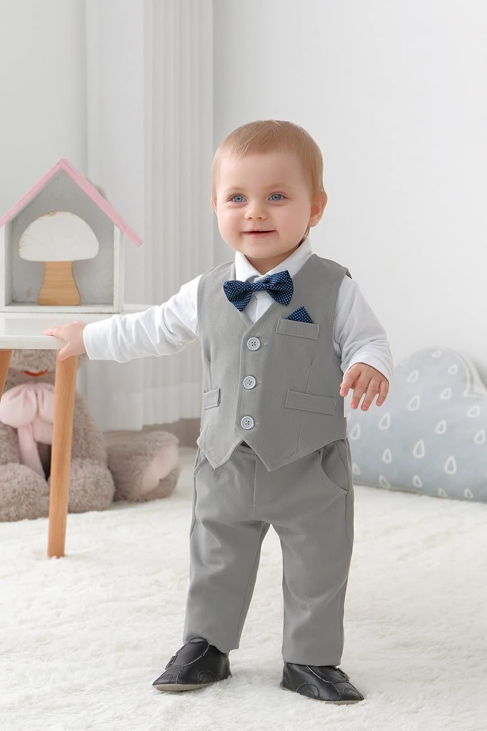 Baby Boy Clothes Toddler Boy Outfits, 4PC Gentleman Dress Romper + Vest + Pants + Bow Tie Cotton Suit Set