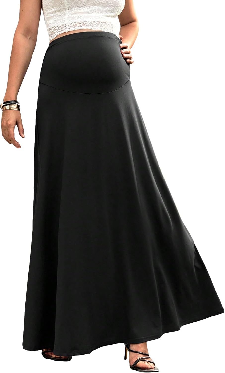 Women'S Maternity High Waist a Line Flared Swing Pregnancy Long Maxi Skirt