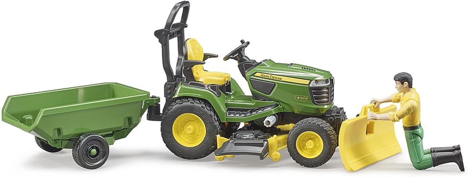 62104 - Bworld John Deere Lawn Tractor with Trailer & Gardener - 1:16 Tractor Lawn Mower Trailer Agriculture Farm Man Toy Figure Worker Farmer Farmer Set