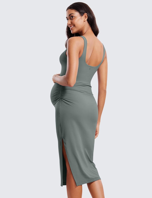 Women Butterluxe Sleeveless Tank Maternity Dress Split Ruched Pregnancy Square Neck Bodycon Casual Baby Shower