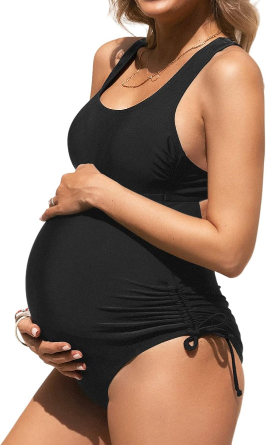 Women Maternity Swimsuit One Piece Crisscross Self Tie Back Strappy Side Square Neck Bathing Suit