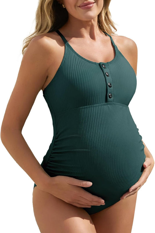 Maternity Swimsuit One Piece Bathing Suit Button Neck Cross Back