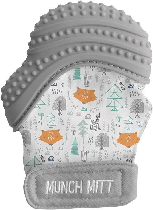 Patented Munch Mitt Baby Teething Mitten – Protects Hands from Chewing & Drool, Soothes Sore Gums, Sensory Toy, Bpa-Free Teether for Babies up to 1-Year-Old - Grey Fox