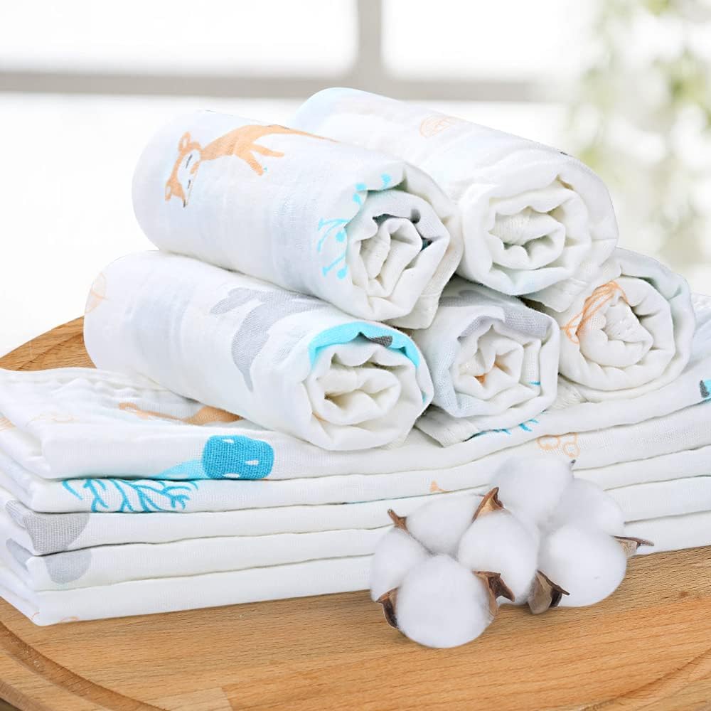 Muslin Burp Cloths for Baby 10 Pack 100% Cotton Baby Washcloths for Boys Girls Large 20''X10'' Super Soft and Absorbent Elephant