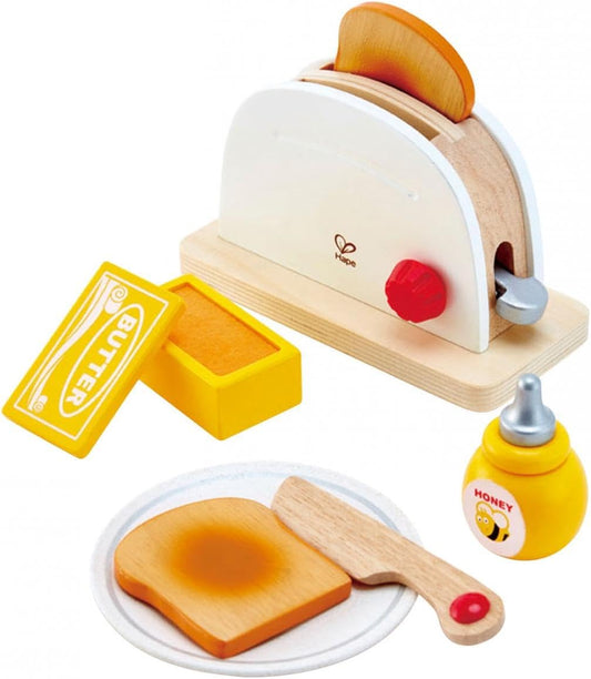 International International White Wooden Pop-Up Toaster Set, Pretend Play Kitchen Accessories for Kids Preschoolers