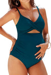 Women'S One Piece Swimsuit Maternity Wrapped Front Ruched Pregnancy Bathing Suit Back Hook Cutout
